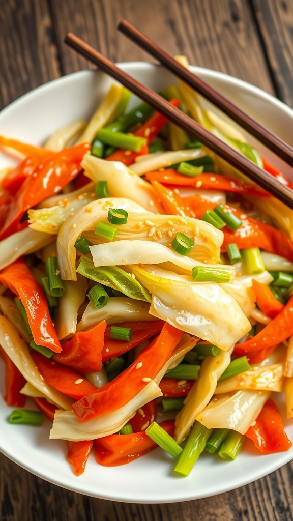 A colorful cabbage stir-fry with bell peppers and sesame seeds, garnished with green onions, served on a wooden table.